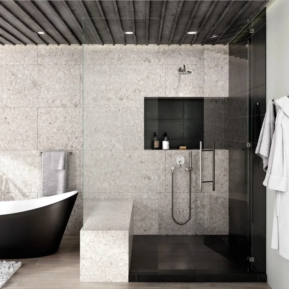 Walk in shower with dark tiles